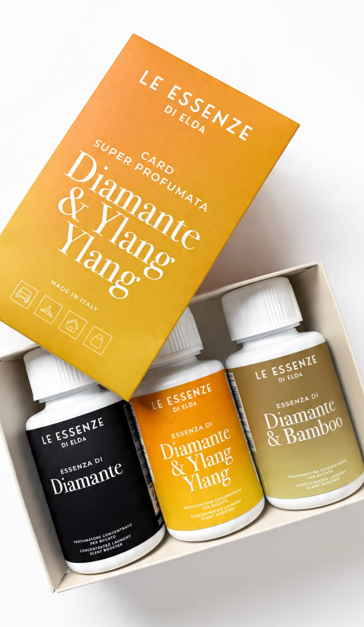 Þrír Diamante þvottailmir: Diamante, Diamante & Ylang Ylang og Diamante & Bamboo, ásamt ókeypis Diamante & Ylang Ylang ilmkorti