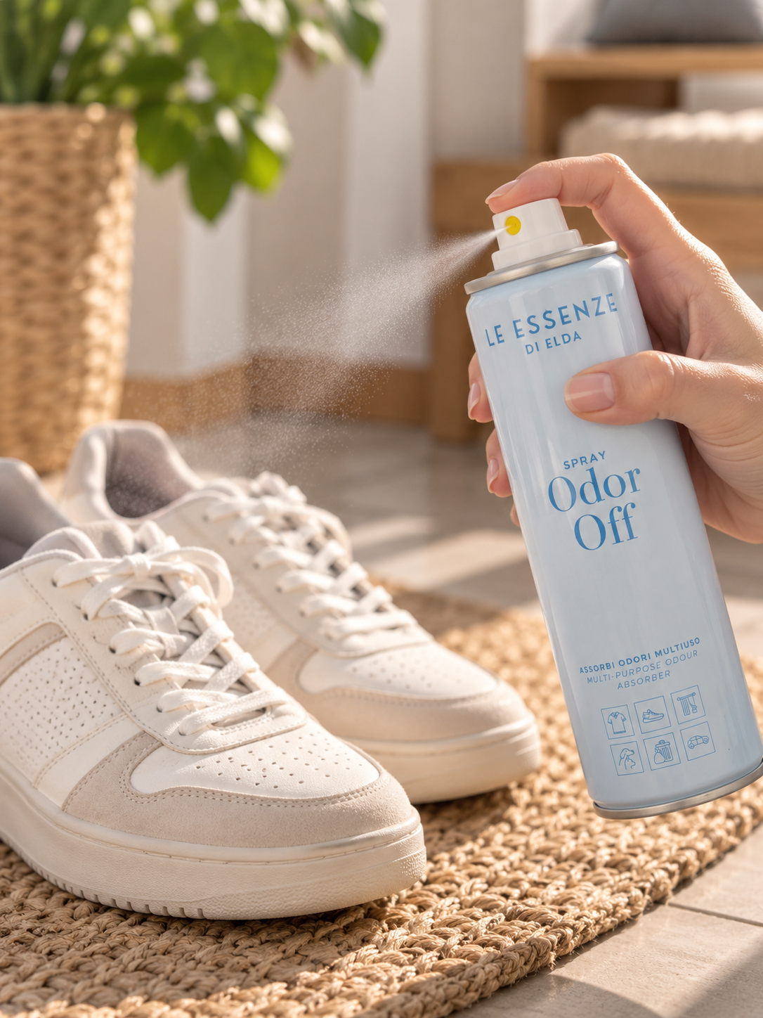 Hönd úðar Odor Off lyktareyðandi spreyi frá Le Essenze di Elda í átt að hvítum íþróttaskóm á ofinni mottu í sólríku herbergi.