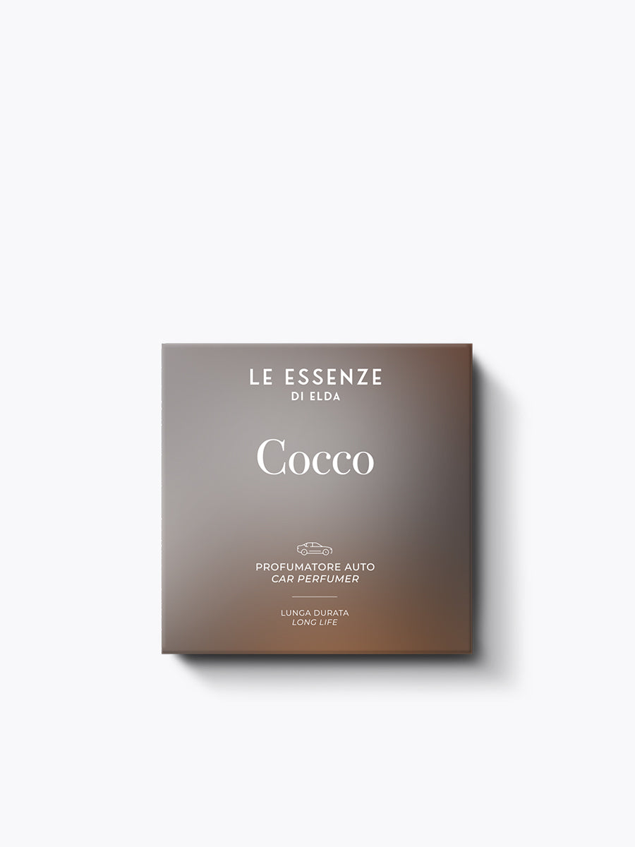 Coco car perfumer packaging with 'Le Essenze di Elda' branding on a white background