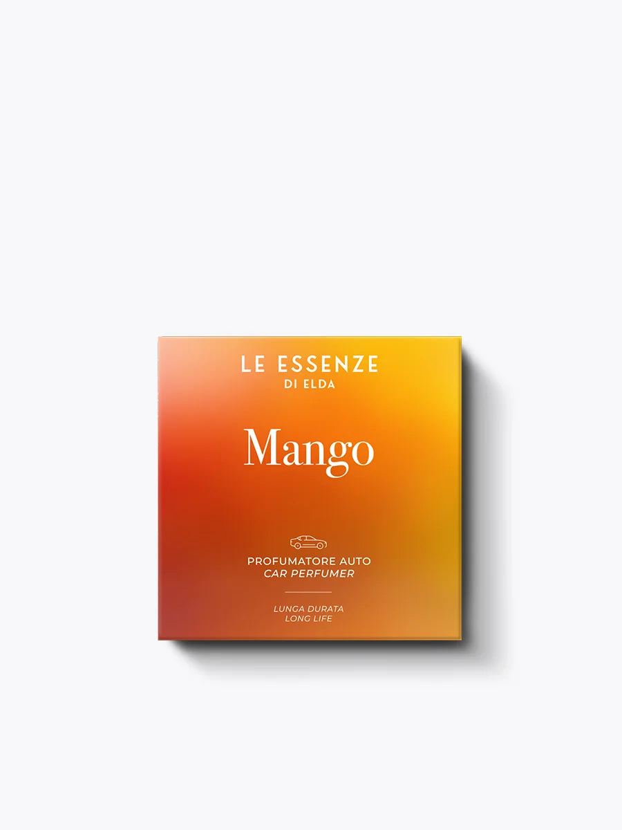Mango-scented car perfume packaging with gradient design on a white background