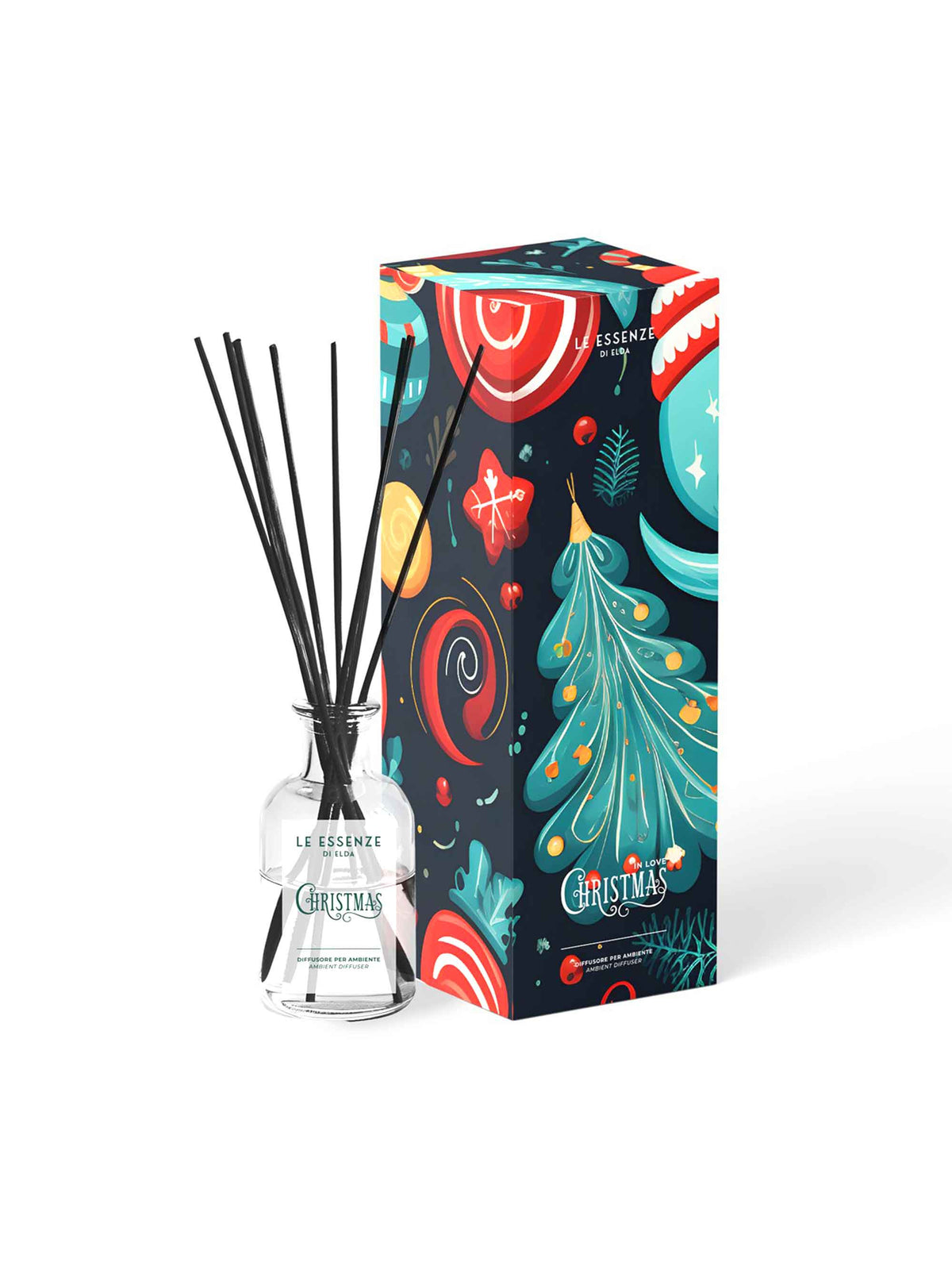 Christmas In Love ilmdreifari í 250ml glerflösku með svörtum pinnum við hlið litríks kassa með jólaskreytingum á hvítum bakgrunni.