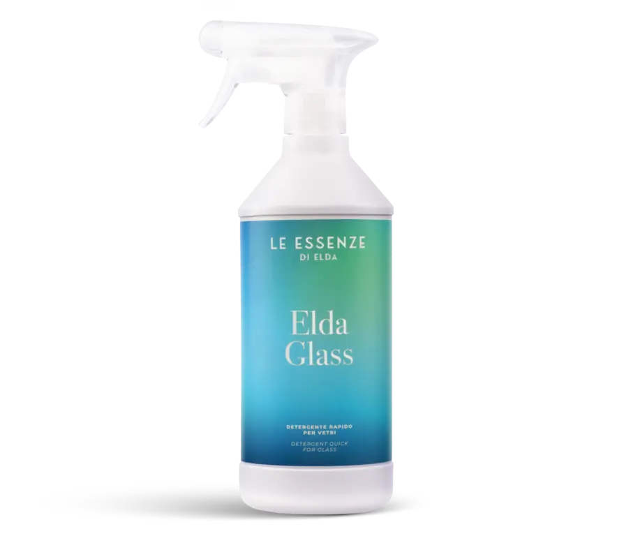 Spray bottle labeled 'Elda Glass' by 'Le Essenze di Elda' on a white background