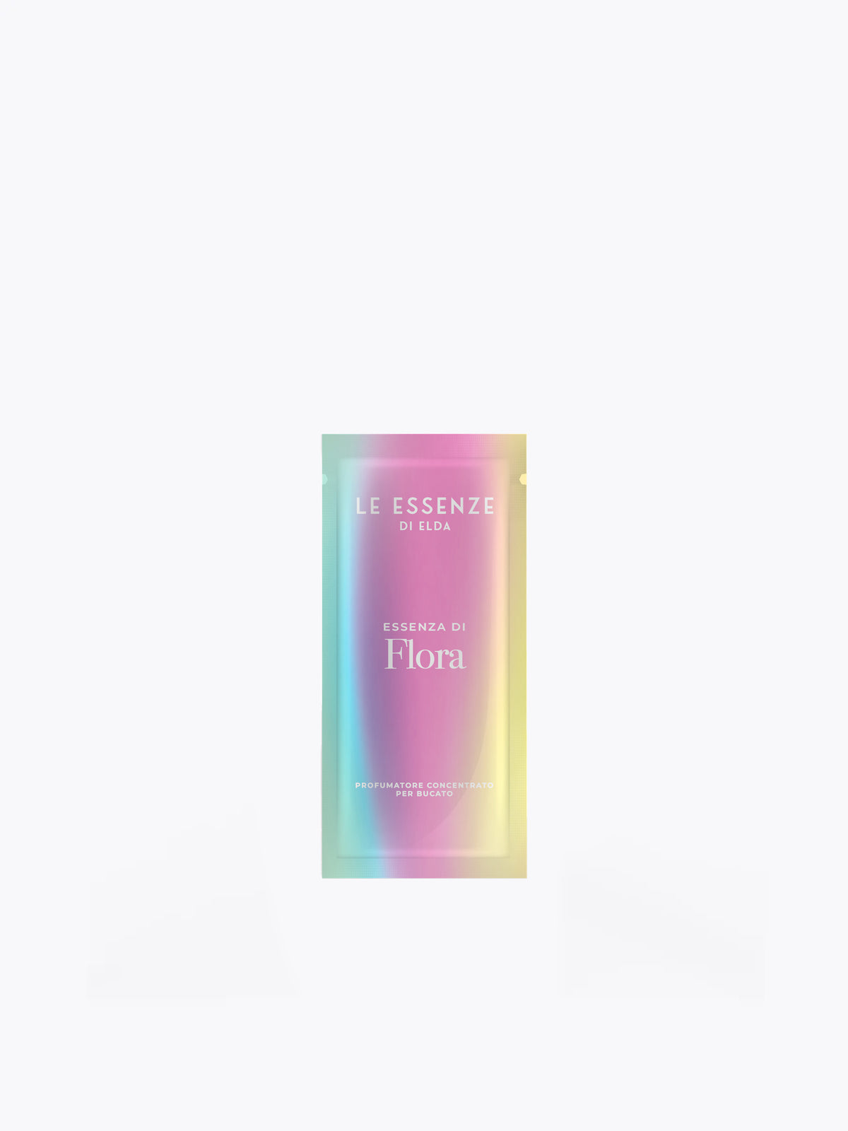 Essenza di Flora þvottailmur í 10ml prufupoka með bleikum, túrkísbláum og gulum litum á hvítum bakgrunni.