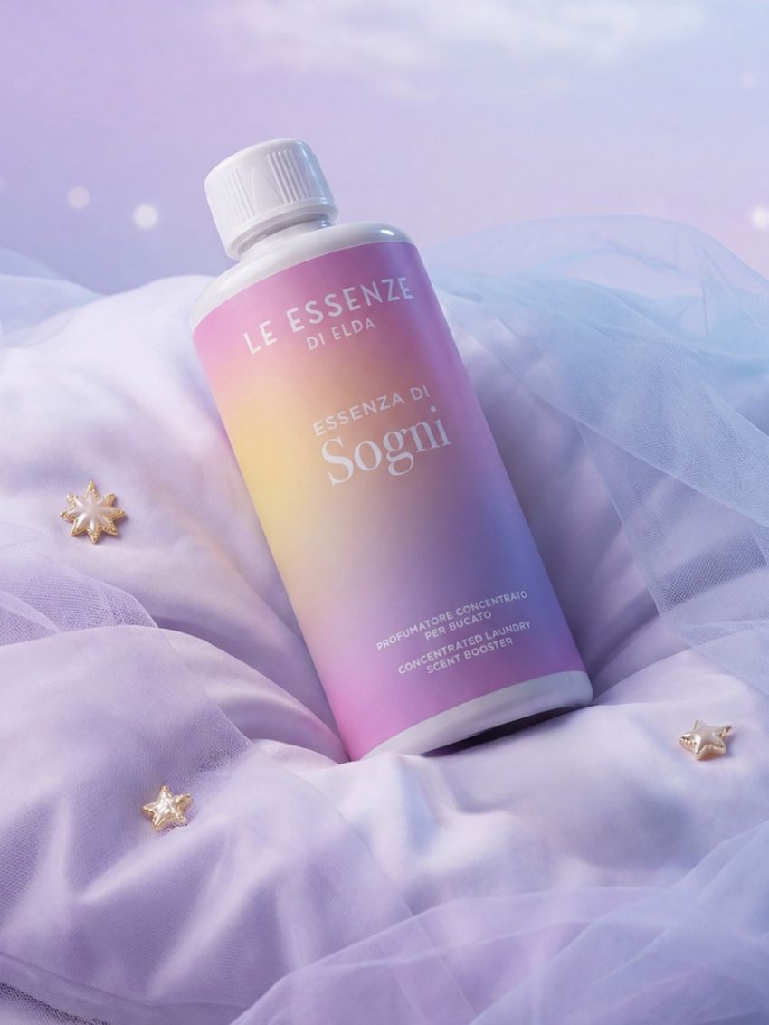 Essenza di Sogni laundry perfumer 500ml bottle on light violet fluffy fabric, elegant lifestyle shot