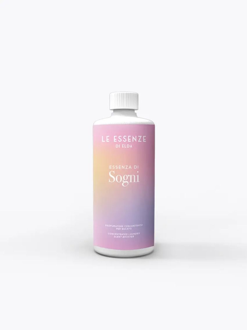 Essenza di Sogni laundry perfumer 500ml bottle in soft pink and violet pastel colours on white background
