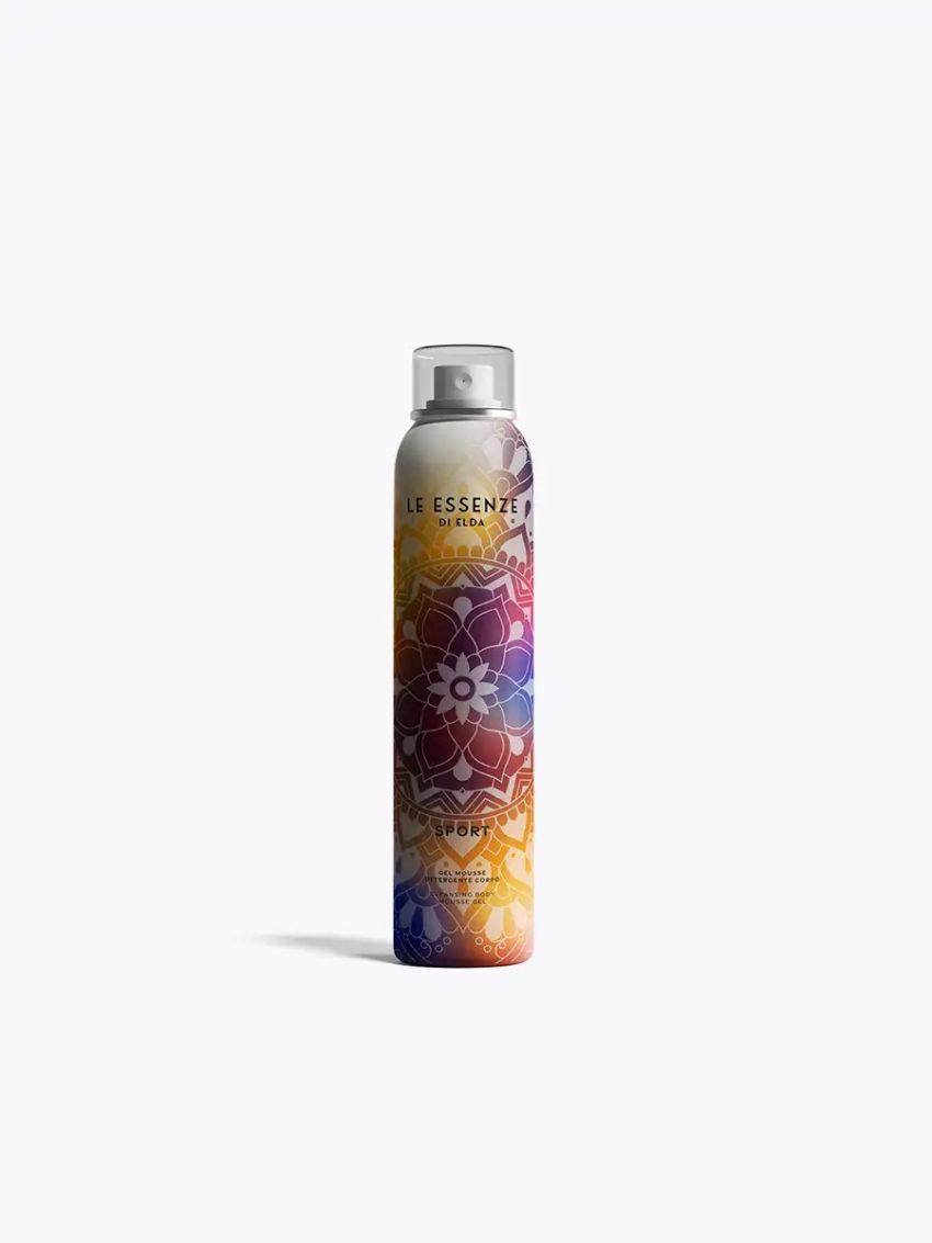 Sport sturtufroða 200ml frá Le Essenze di Elda í flösku með litríku blómamynstri og gegnsæju loki.