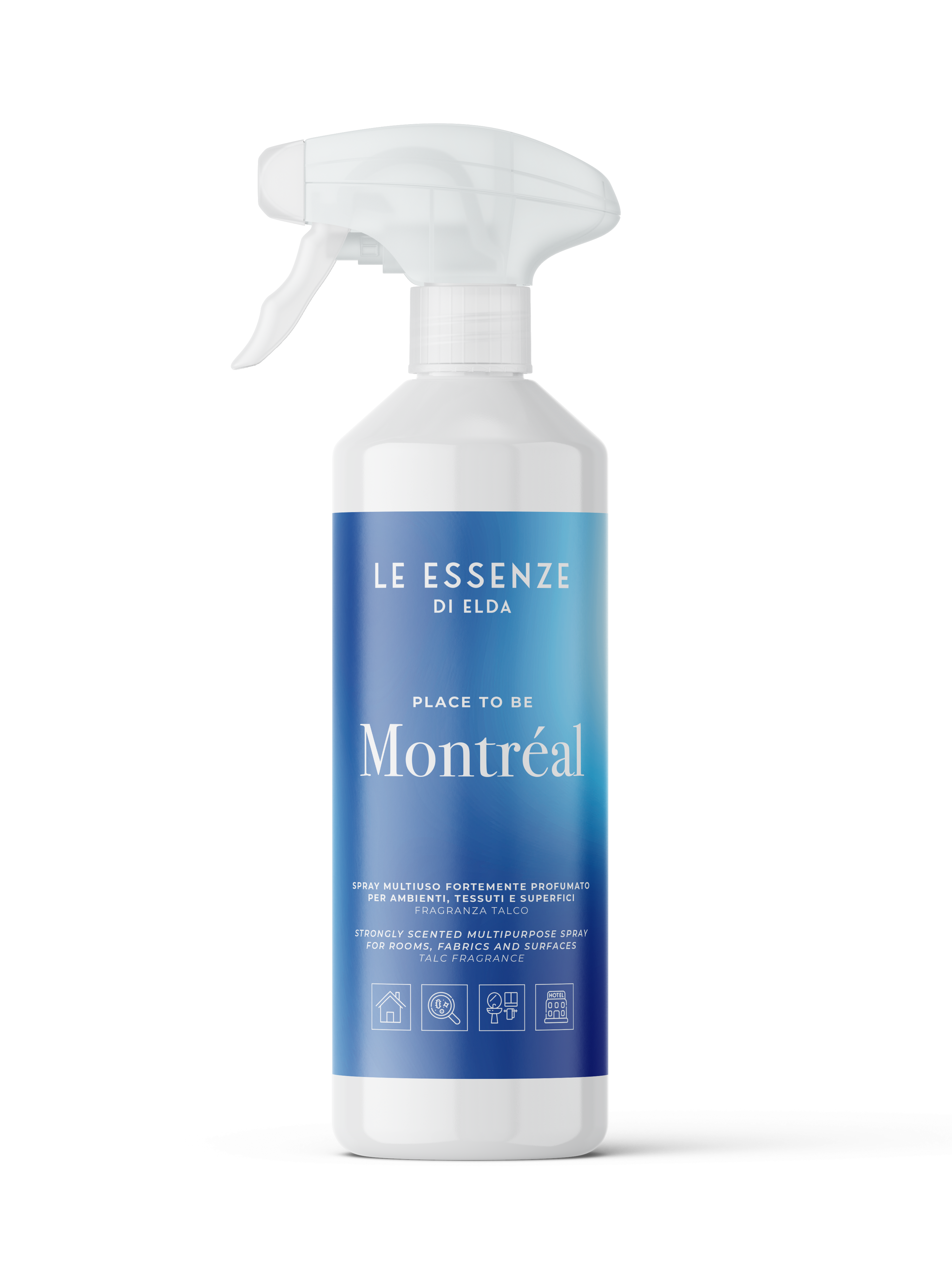 Spray bottle labeled 'Le Essenze di Elda Montreal' on a white background