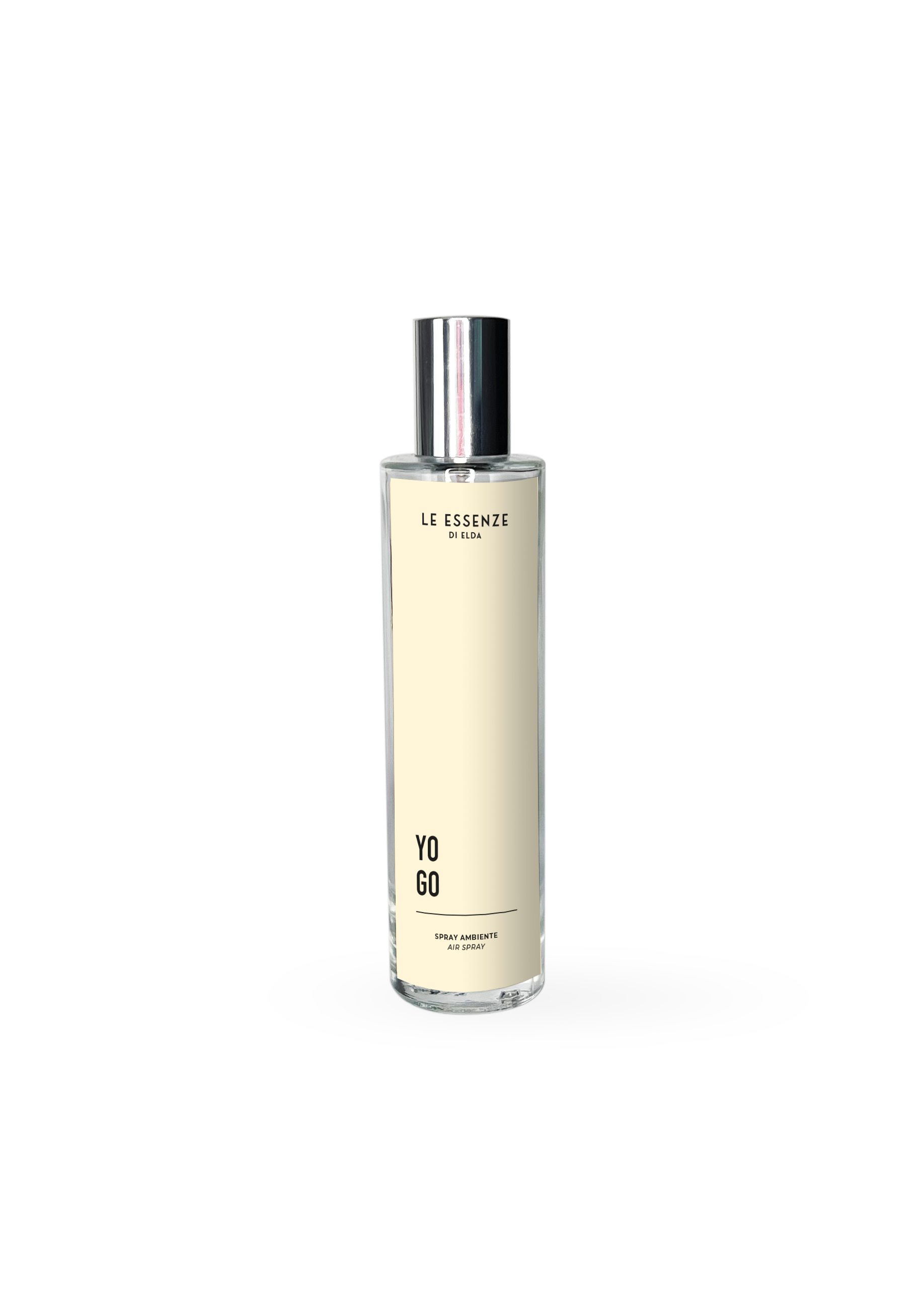 Perfume for room bottle labeled 'YO GO' by 'Le Essence' on a white background