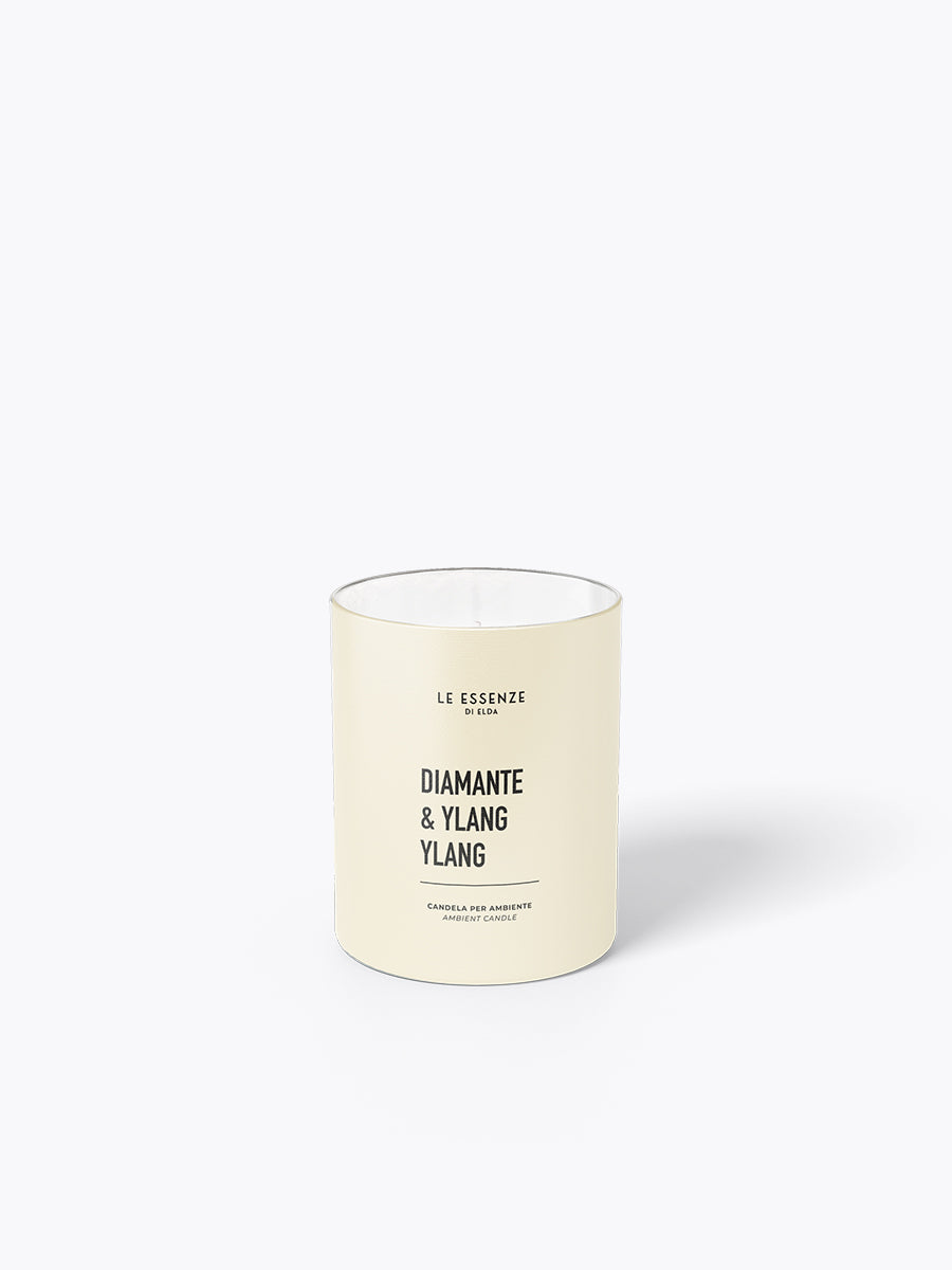Candle with 'Diamante & Ylang Ylang' label on a white background