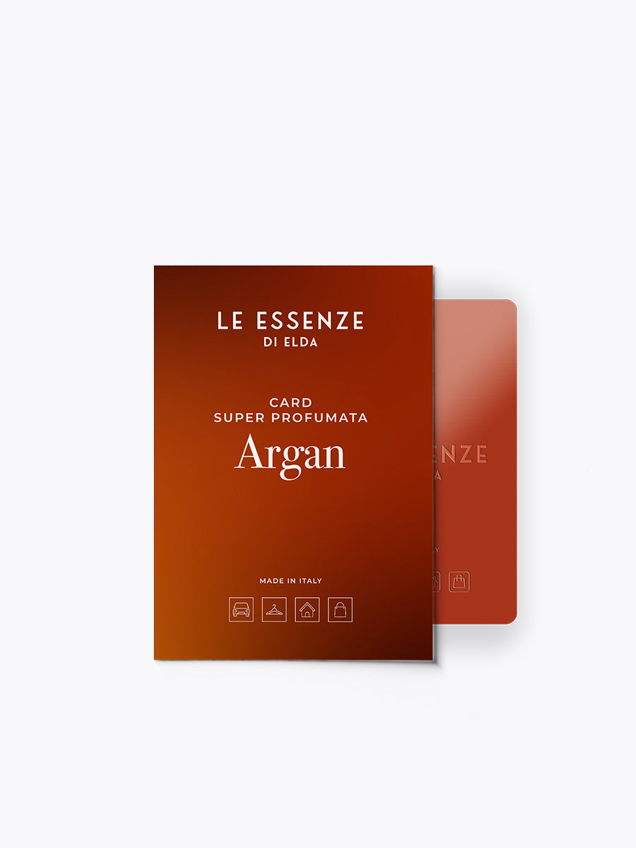 Red card with 'Le Essenze di Elda' branding and 'Argan' text on a white background