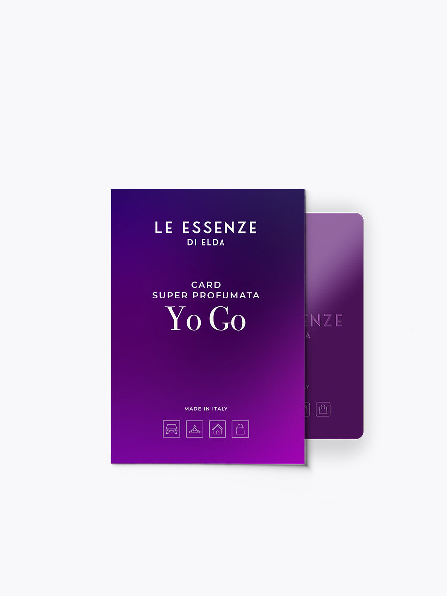 Purple packaging of 'Le Essenze di Elda' with 'Yo Go' on a white background