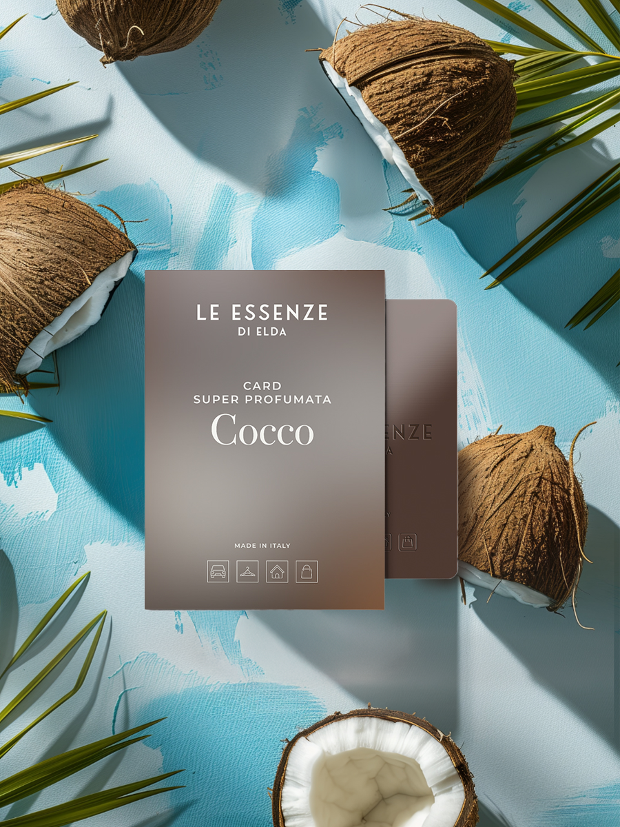 Le Essenze di Elda coconut-scented card with coconuts and palm leaves on a blue background