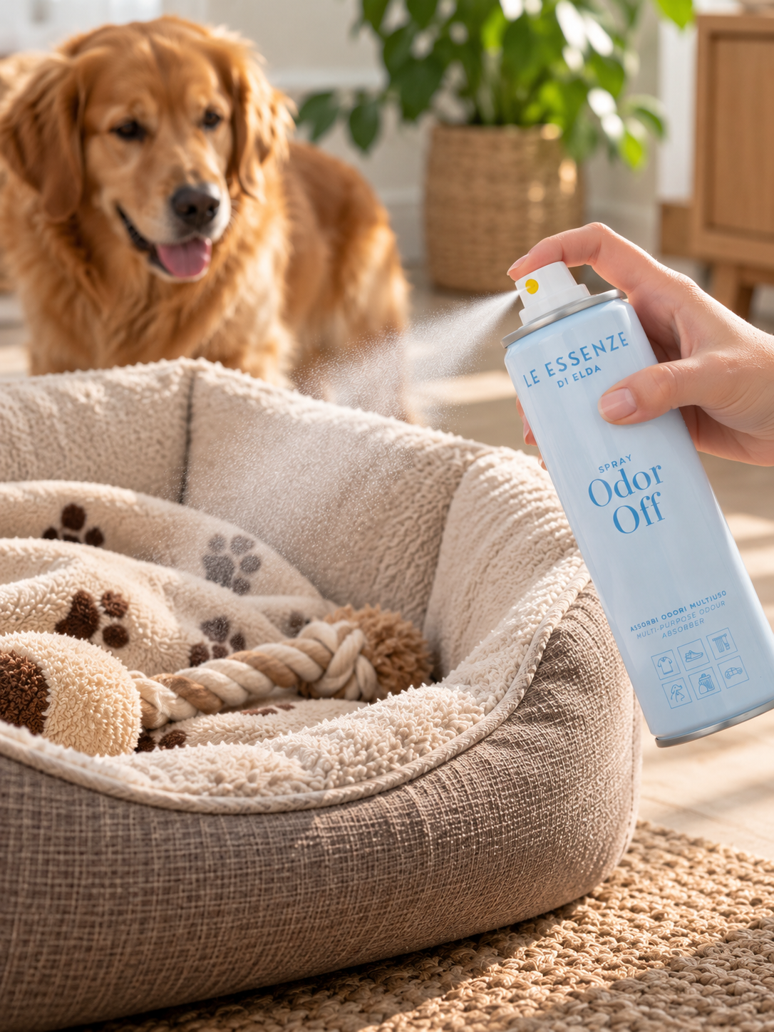 Hönd úðar Odor Off lyktareyðandi spreyi frá Le Essenze di Elda í átt að drapplitu hundabæli með leikföngum, með golden retriever hund í bakgrunni.
