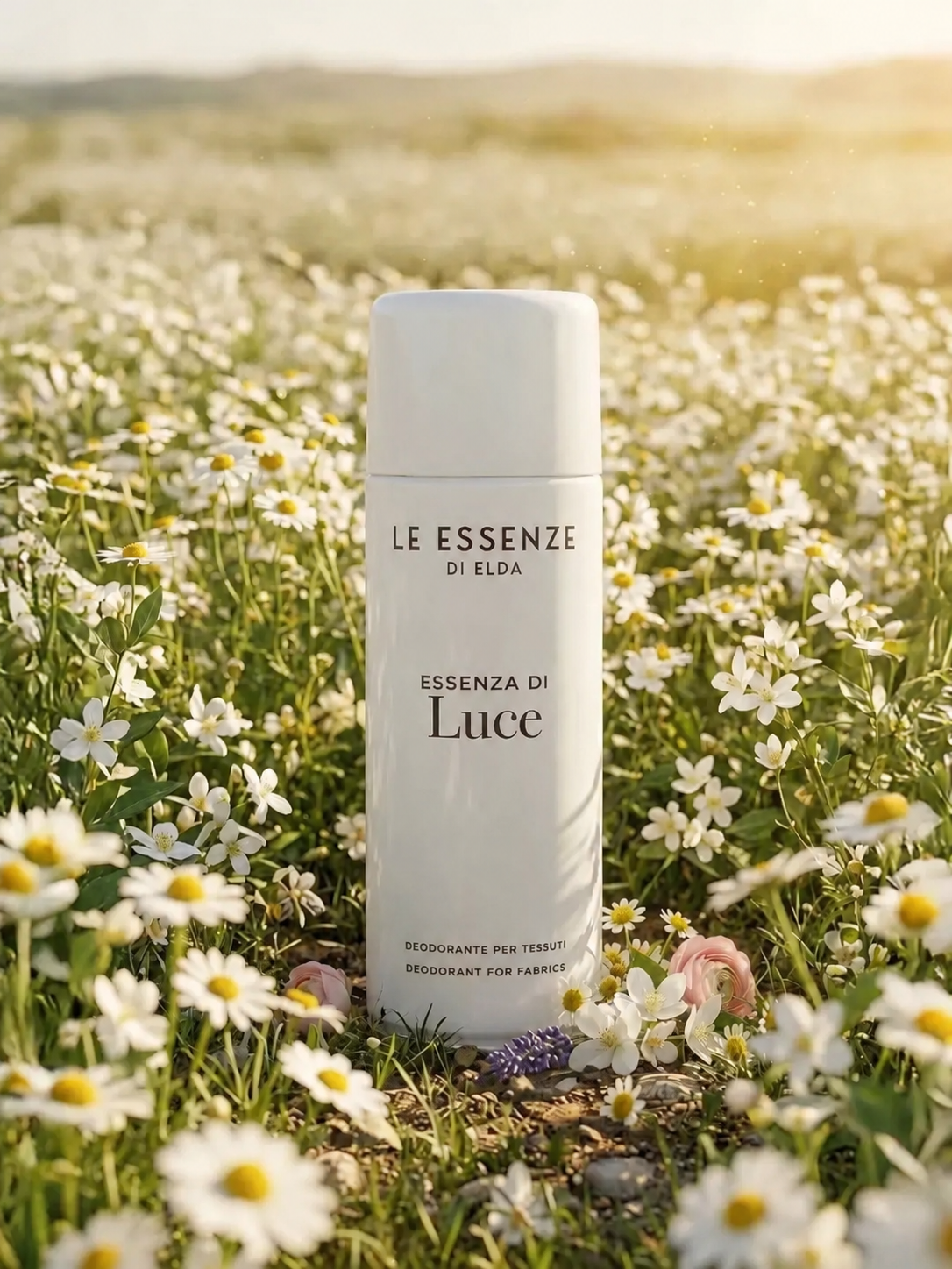 Luce textílsprey 400ml frá Le Essenze di Elda í hvítum úðabrúsa með hvítu loki, meðal hvítra blóma á sólríkri blómaengi.
