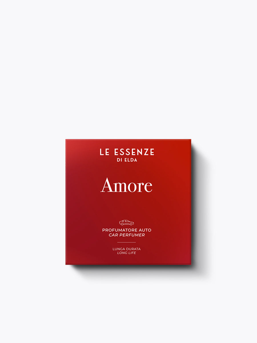 Red box of 'Le Essenze di Elda Amore' car perfume on a white background