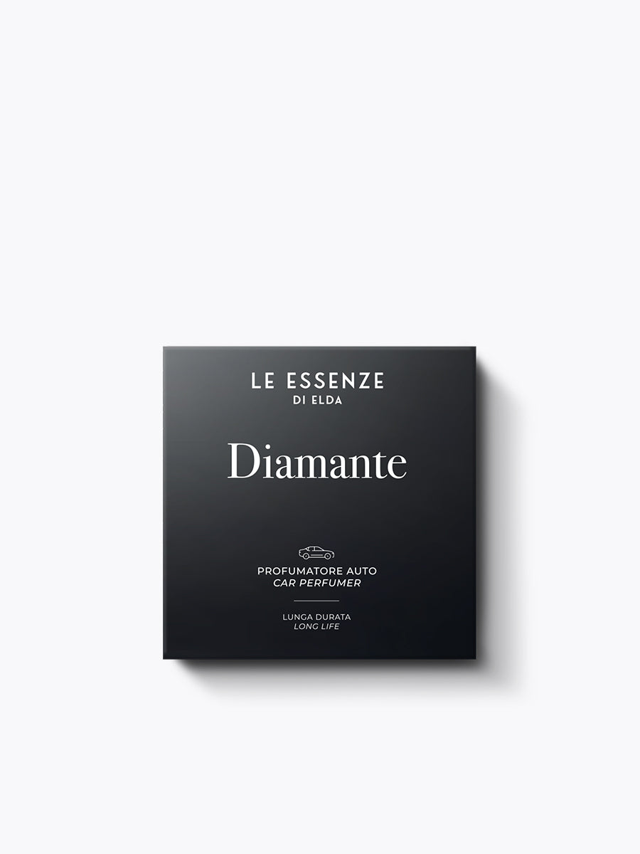 Black packaging of 'Le Essenze di Elda Diamante' car perfumer on a white background
