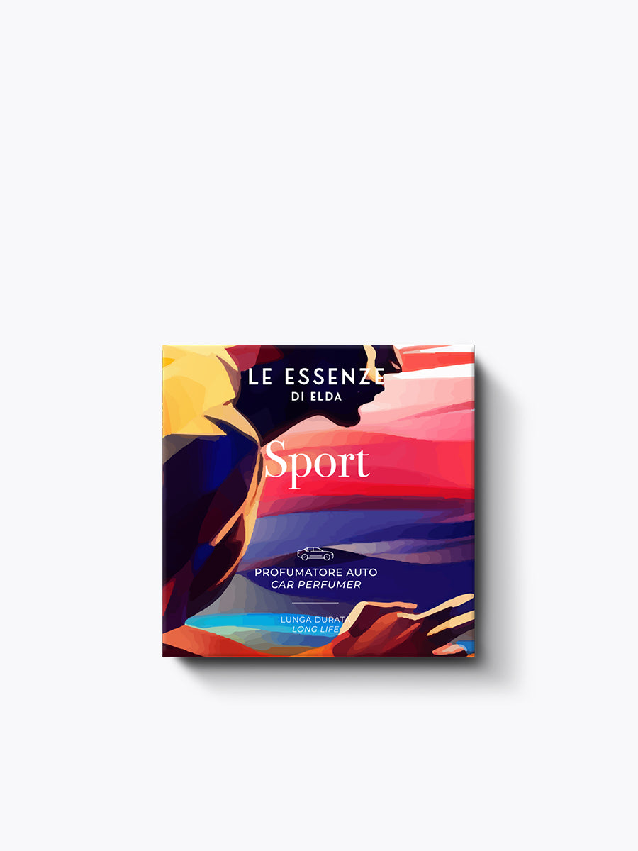 Colorful packaging of 'Le Essenz di Elda Sport' with abstract design on a white background