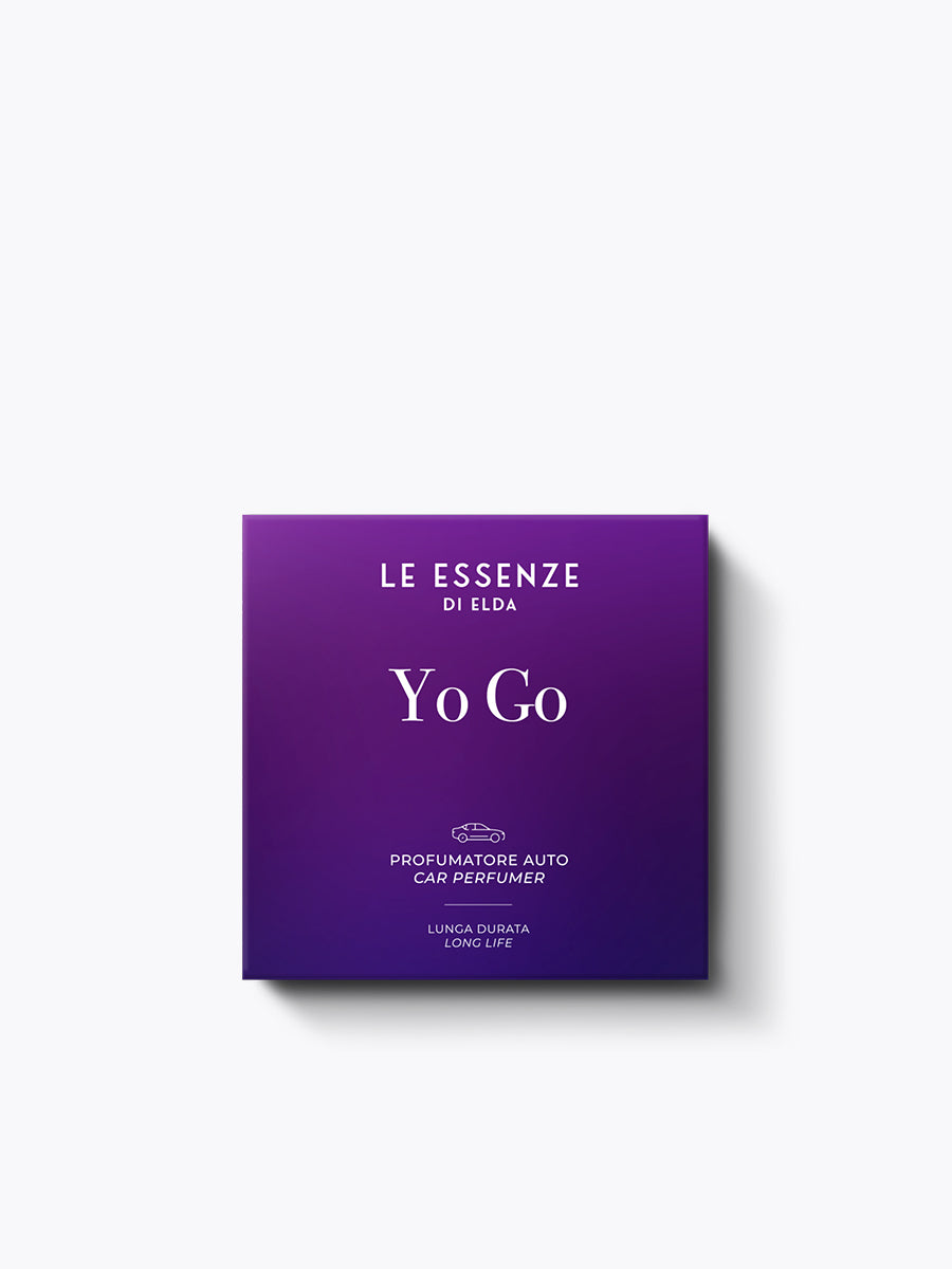 Purple packaging of 'Le Essenze di Elda Yo Go' car perfume on a white background
