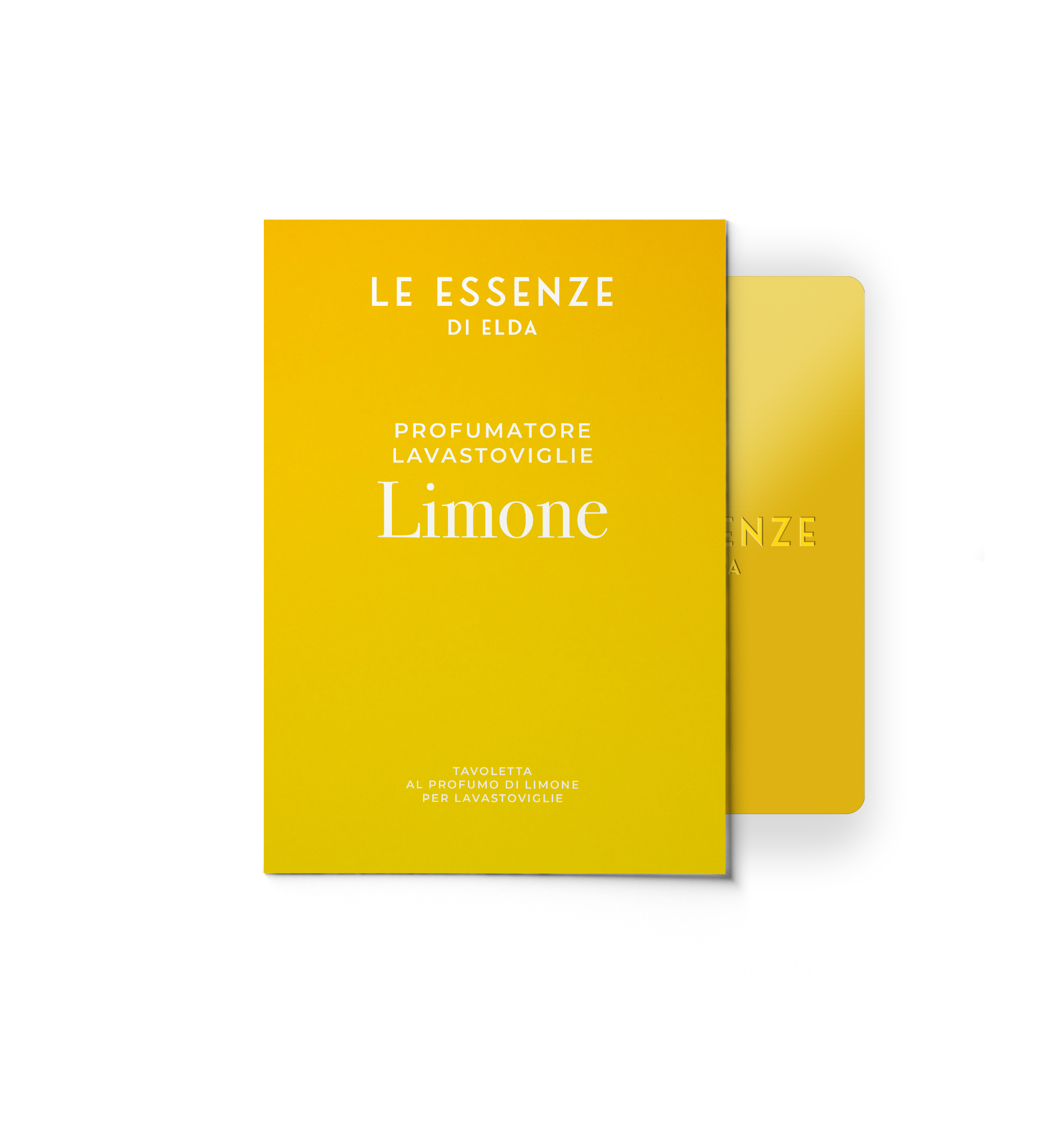 Yellow packaging with text 'Le Essenze di Elda' and 'Profumatore Lavastoviglie Limone' on a white background