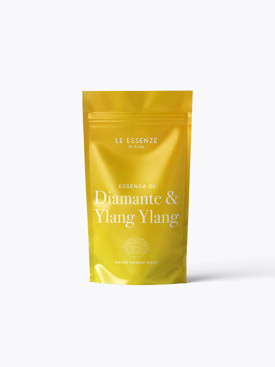 Yellow packaging of Le Essenze di Fina with 'Diamante & Ylang Ylang' text on a white background