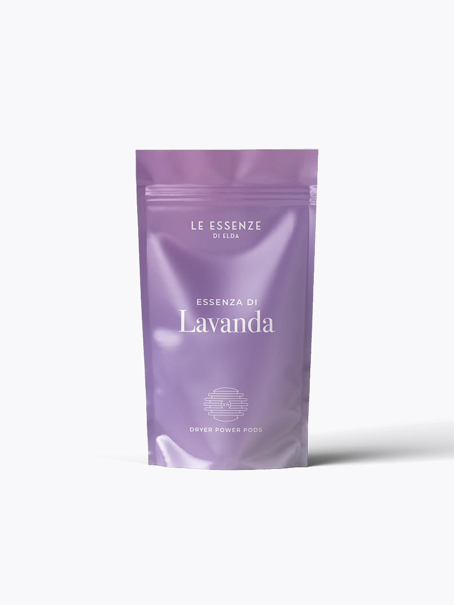 Purple package of 'Le Essenze di Elda' Lavender pods on a white background