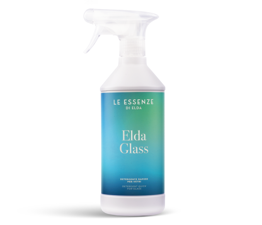 Spray bottle labeled 'Elda Glass' by 'Le Essenze di Elda' on a white background