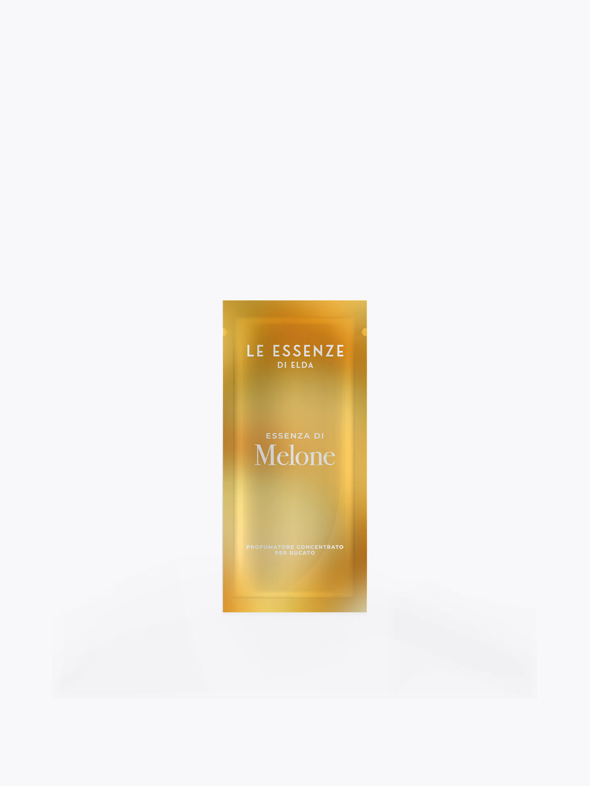 Essenza di Melone þvottailmur í gullgulum 10ml prufupoka á hvítum bakgrunni.
