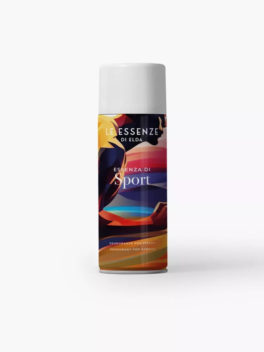 Sport textílsprey 400ml frá Le Essenze di Elda í úðabrúsa með litríkri mynd af hlaupara og hvítu loki á hvítum bakgrunni.
