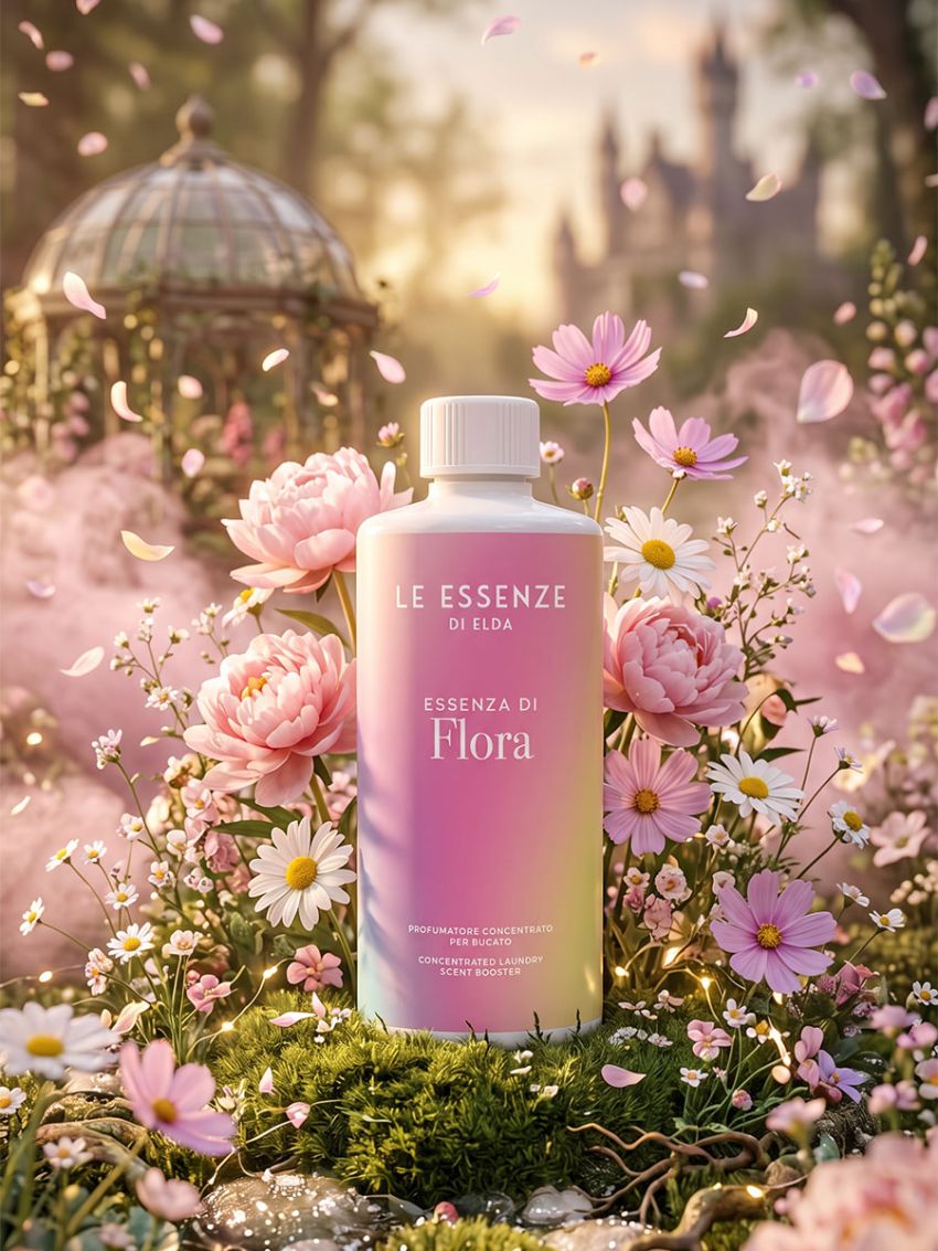 Flaska af Essenza di Flora þvottailmi umkringd bleikum blómum og hvítum freyjum í sólríkum garði.⠋