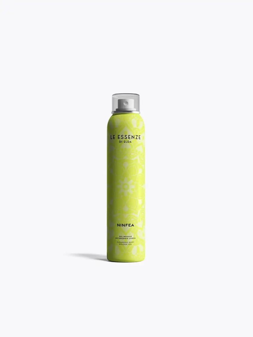  Ninfea sturtufroða 200ml frá Le Essenze di Elda í límónugrænni flösku með gegnsæju loki.