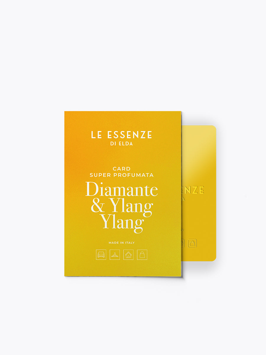 Yellow packaging of 'Le Essenze di Elda' with 'Diamante & Ylang Ylang' text on a white background