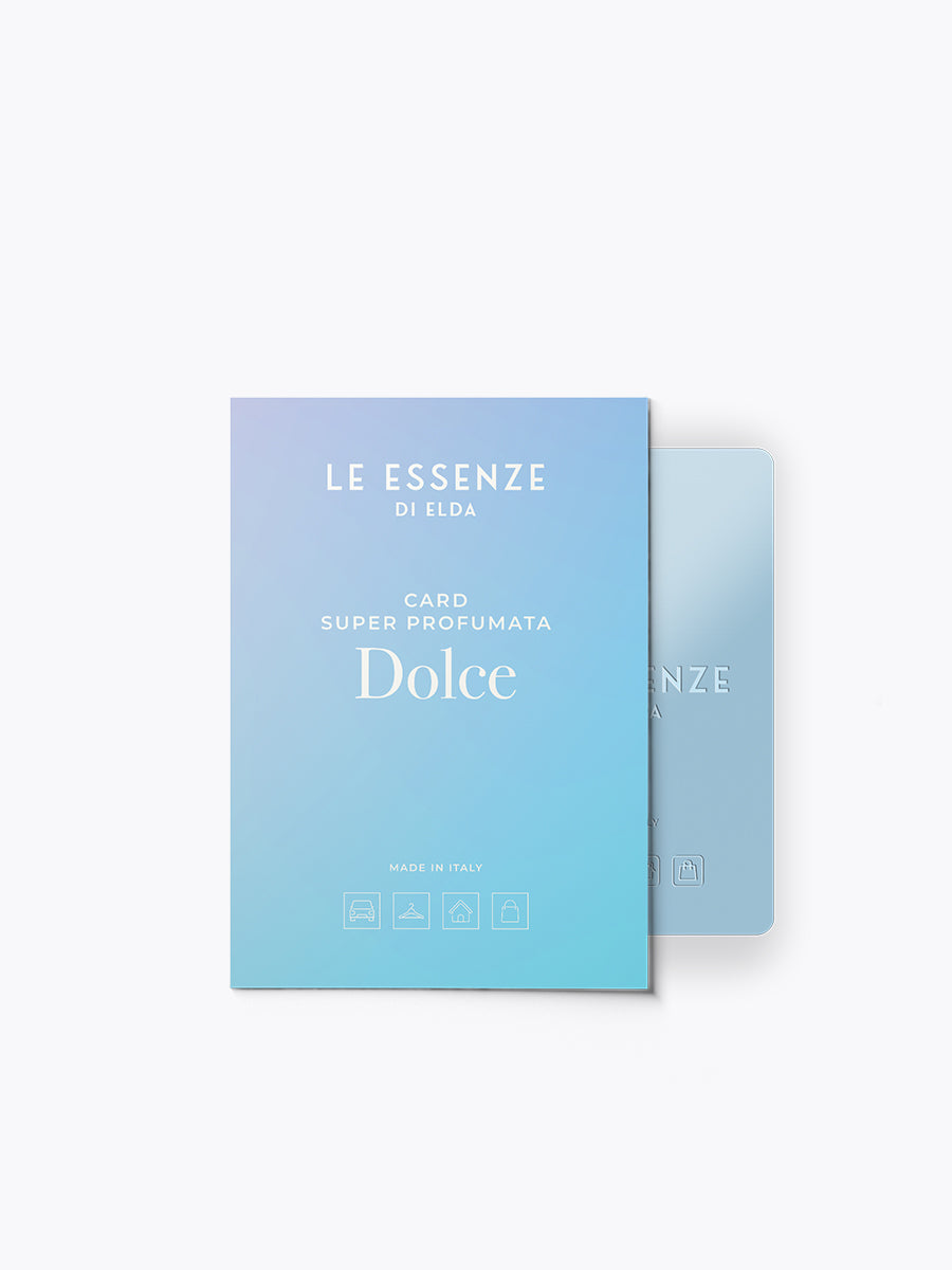 Blue card with 'Le Essenze di Elda' branding on a white background