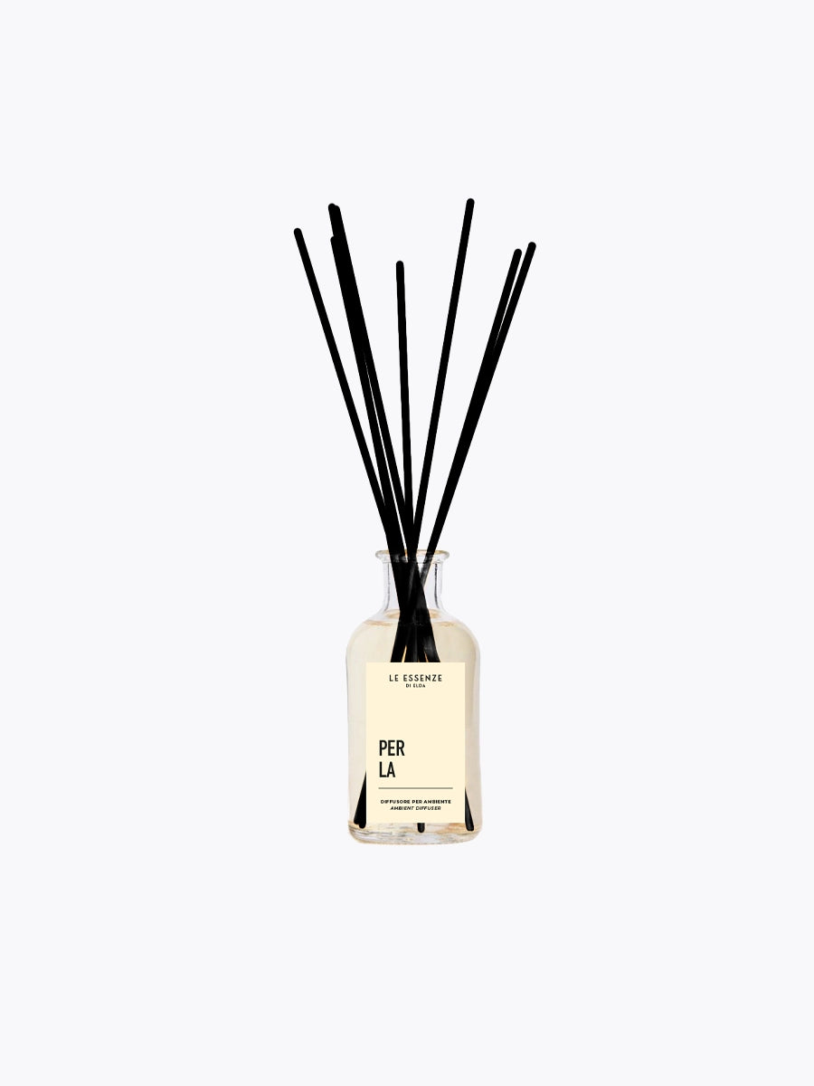 Reed diffuser with black sticks in a glass bottle on a white background